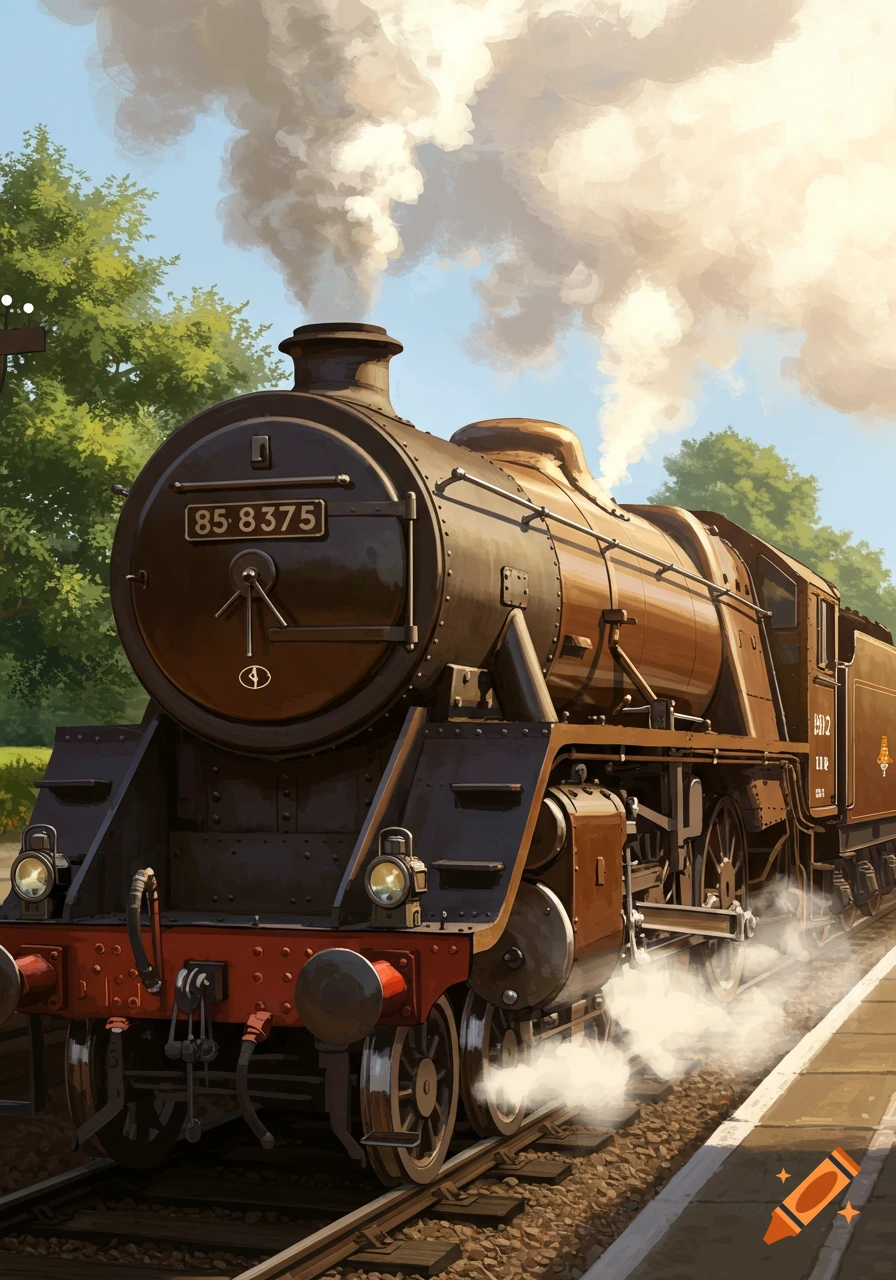 A large, brown steam engine emits smoke as it sits on tracks next to a platform under a blue sky, in an illustrated style.