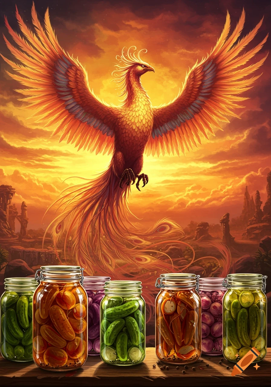 A majestic fiery phoenix against an orange sunset sky with a fantasy landscape, towering over jars of pickled vegetables on a wooden surface.
