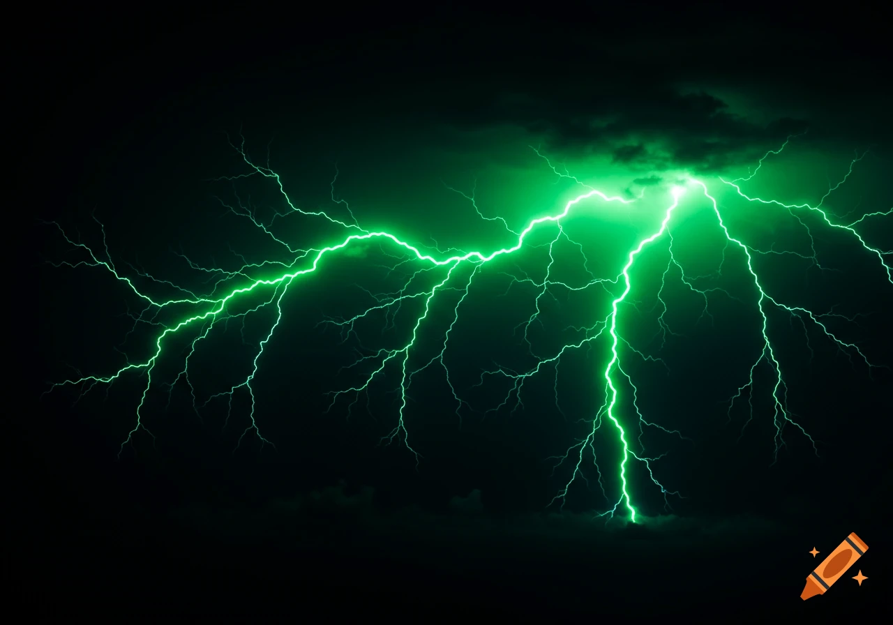 Bright green lightning striking through a dark, stormy sky.