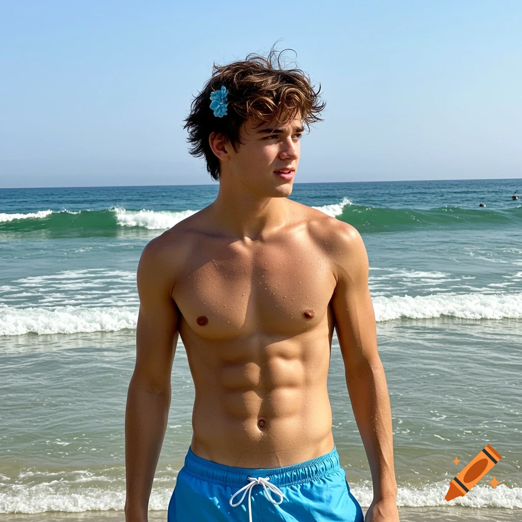 A shirtless man with wet, messy brown hair and a blue flower clip stands in the ocean waves at a sunny beach.