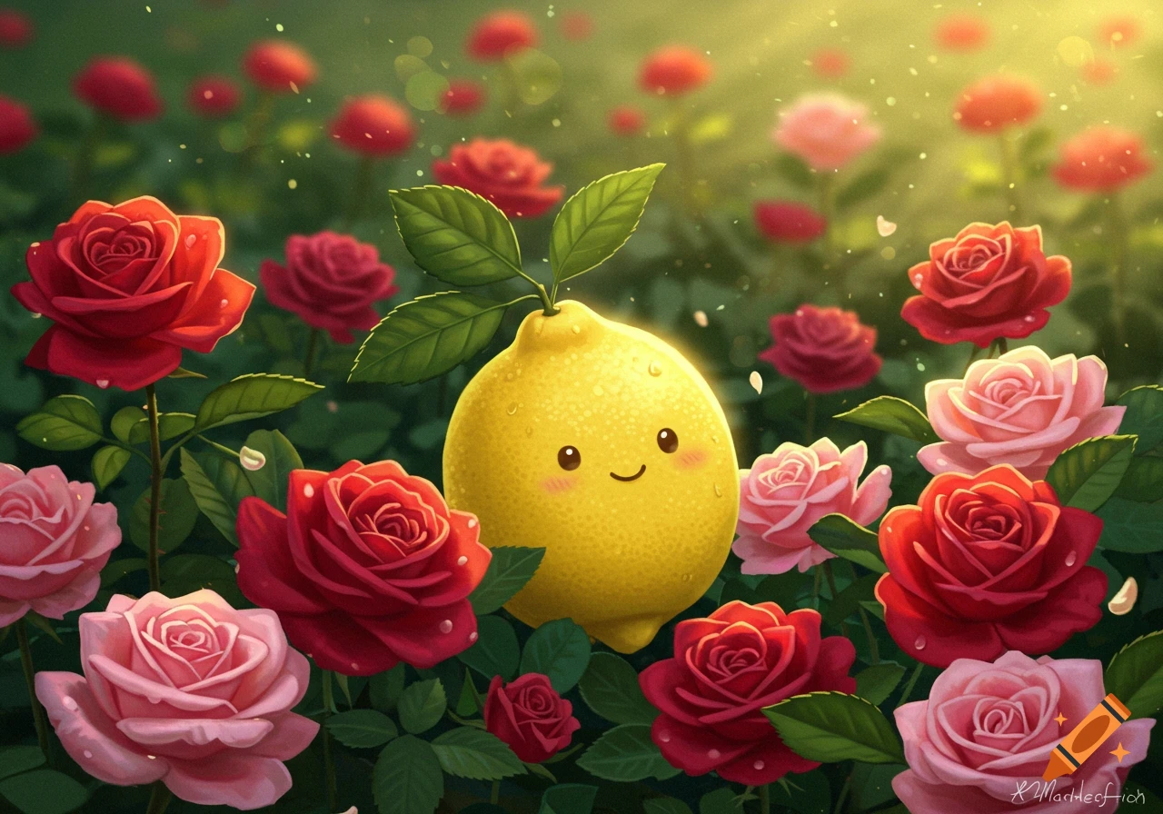 A cute, smiling cartoon lemon stands among bright red and pink roses in a whimsical, illustrative style.