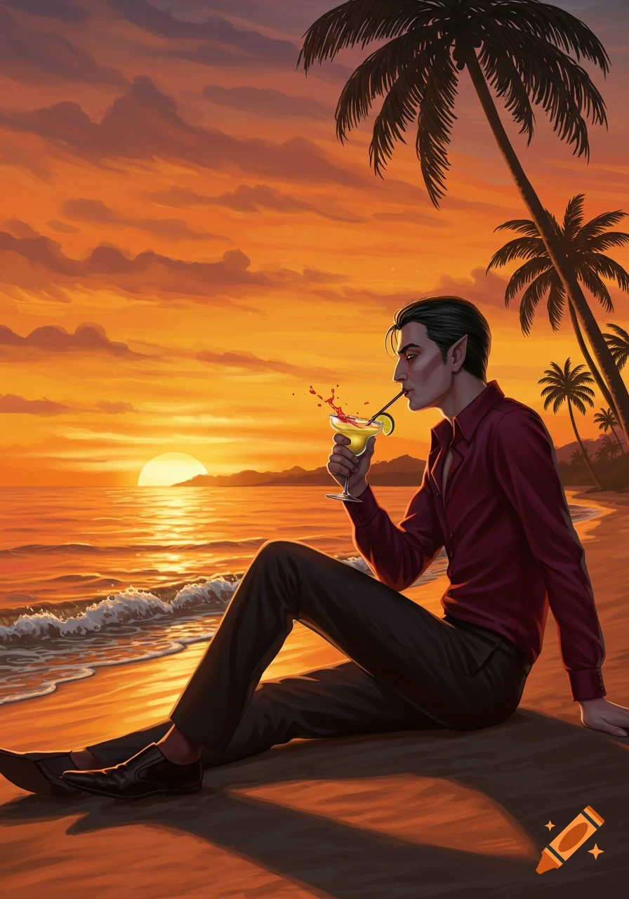 An illustration of a vampire with pointed ears sitting on a beach, drinking a cocktail at sunset with palm trees in the background.