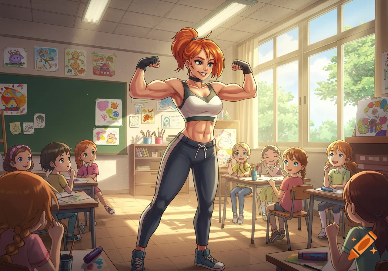 A muscular, red-haired anime woman in gym clothes flexes her arms for a class of smiling young students in an elementary school art room.