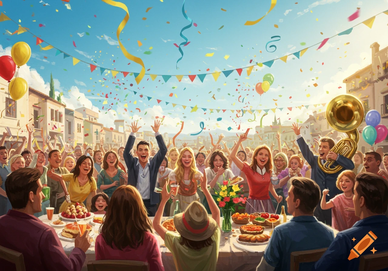 Vibrant illustration of a large crowd of people celebrating outdoors with confetti, balloons, and food under a bright blue sky.