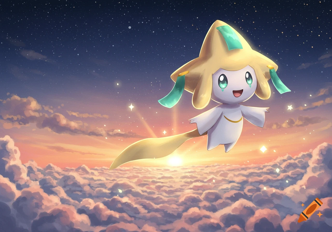 Jirachi, a beige and white star-shaped Pokemon, flies smiling above clouds at sunset with a starry sky.