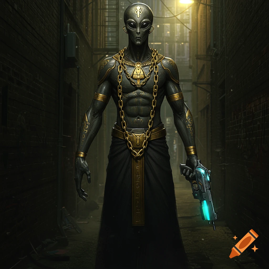 Photorealistic rendering of an Anunnaki alien with gold chain and a futuristic gun standing in a dark alley.