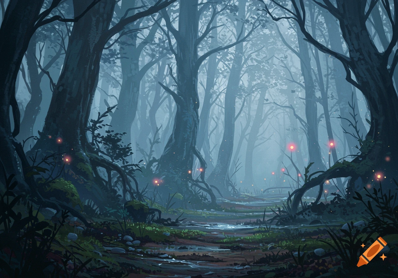 A misty, dark forest path with tall, gnarled trees and glowing red lights, in an illustrative style.