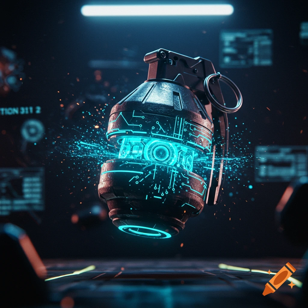 A glowing, futuristic sci-fi grenade with blue circuitry and energy particles, set against a dark, high-tech background.
