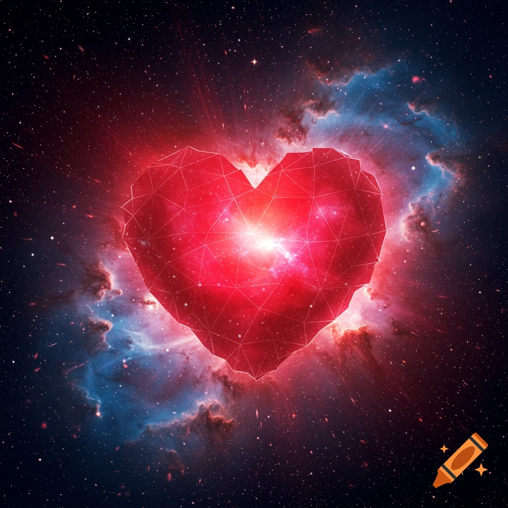 A glowing geometric red heart floats in a dark starry space with a vibrant red and blue nebula.