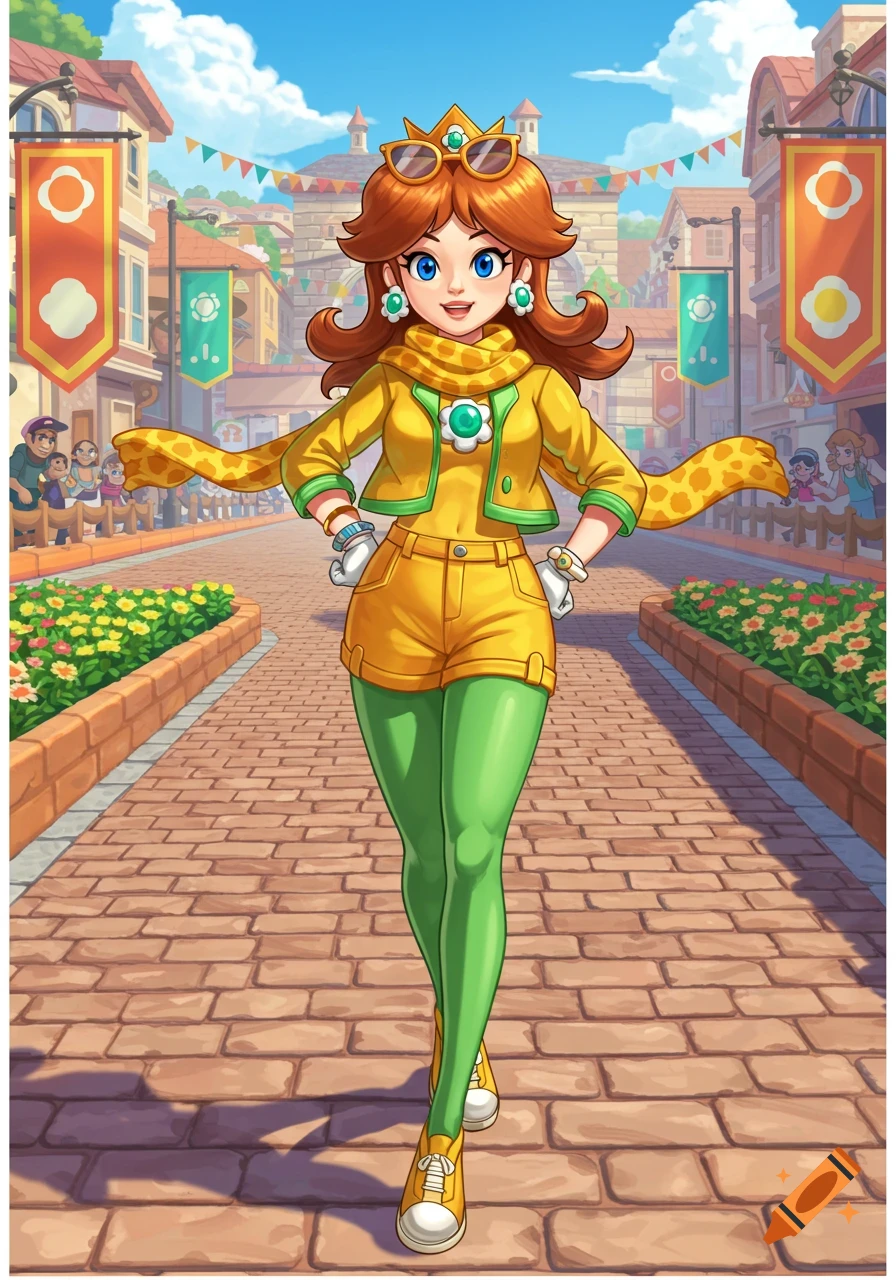 Princess Daisy in her yellow touring outfit, walking on a brick street in a cartoon city.