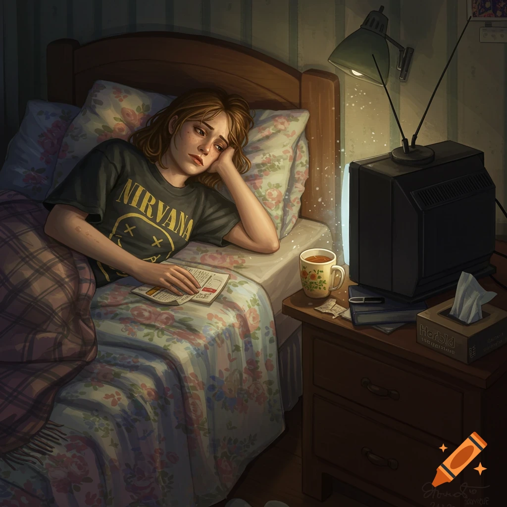 An illustration of a sad young woman with brown hair lying in bed in a dark room, wearing a black Nirvana t-shirt. She holds a paper and looks towards a CRT TV next to her bed. A lamp illuminates the scene, highlighting dust motes.