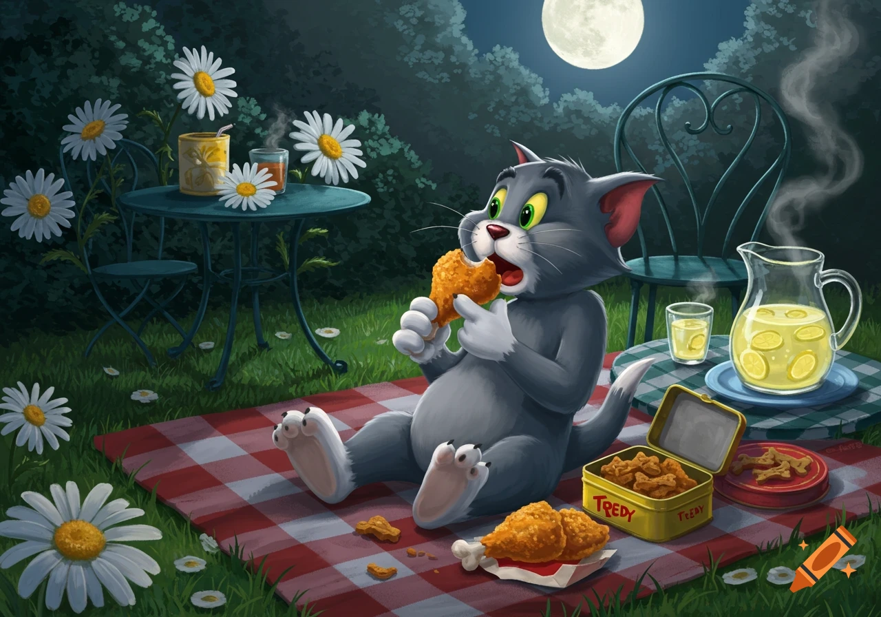 Cartoon Tom the cat sits on a red and white checkered picnic blanket, happily eating a fried chicken drumstick under a full moon.
