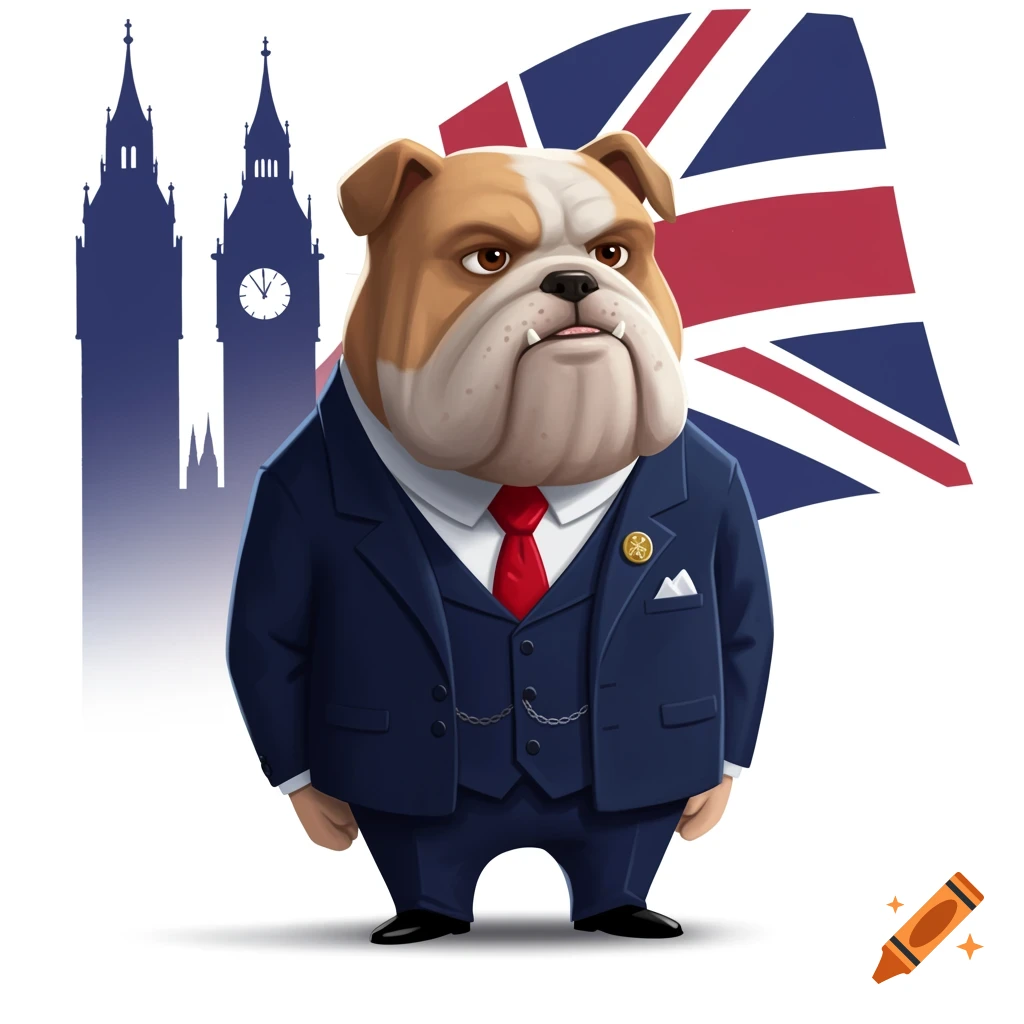Cartoon anthropomorphic British bulldog in a navy-blue suit and red tie, with a determined expression, against a UK Parliament silhouette and Union Jack flag.