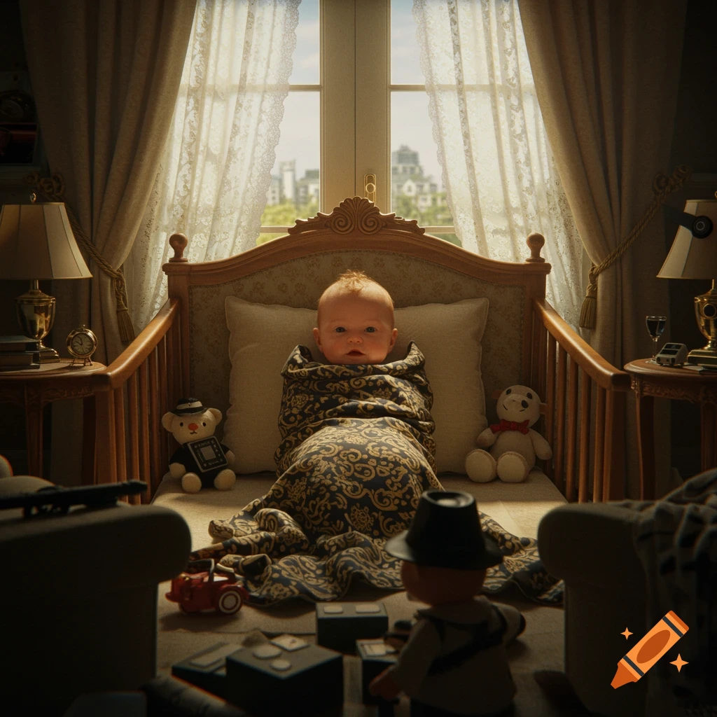A photorealistic image of a baby wrapped in a patterned blanket, sitting in a crib in a well-decorated room.