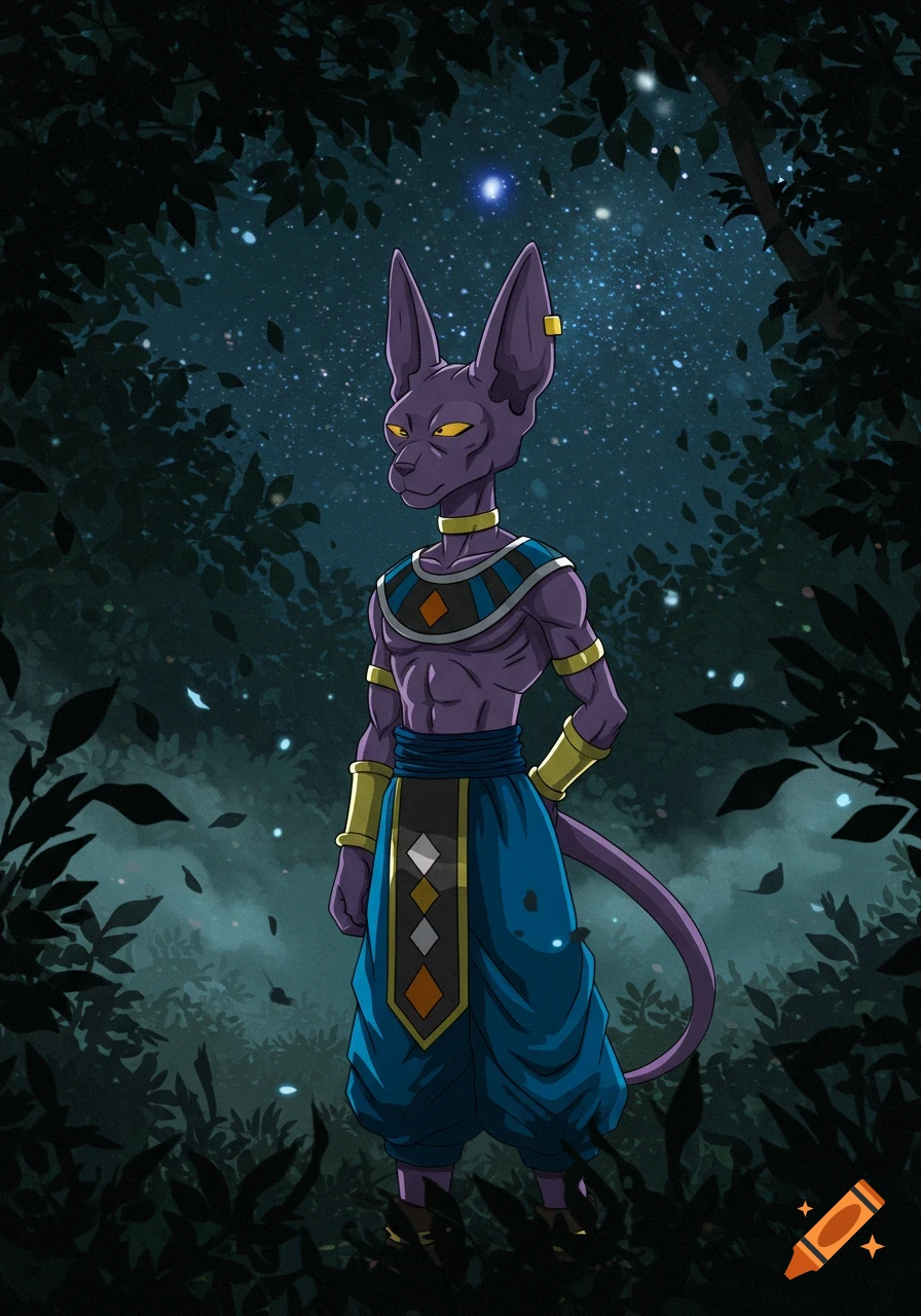 Beerus, a purple cat-like god, stands in a dark forest under a starry night sky.