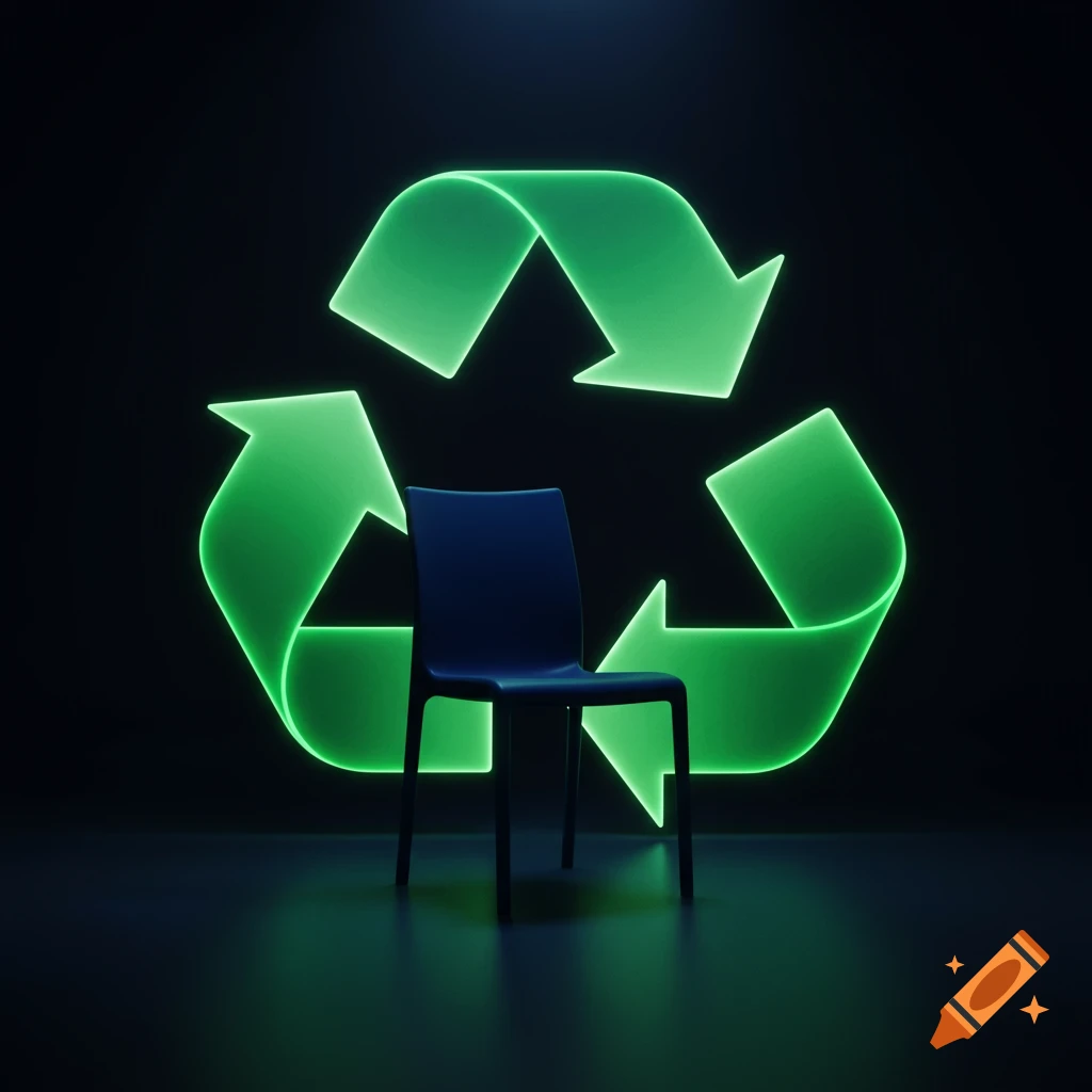 A dark blue chair sits in front of a bright green, glowing recycling symbol on a dark background.