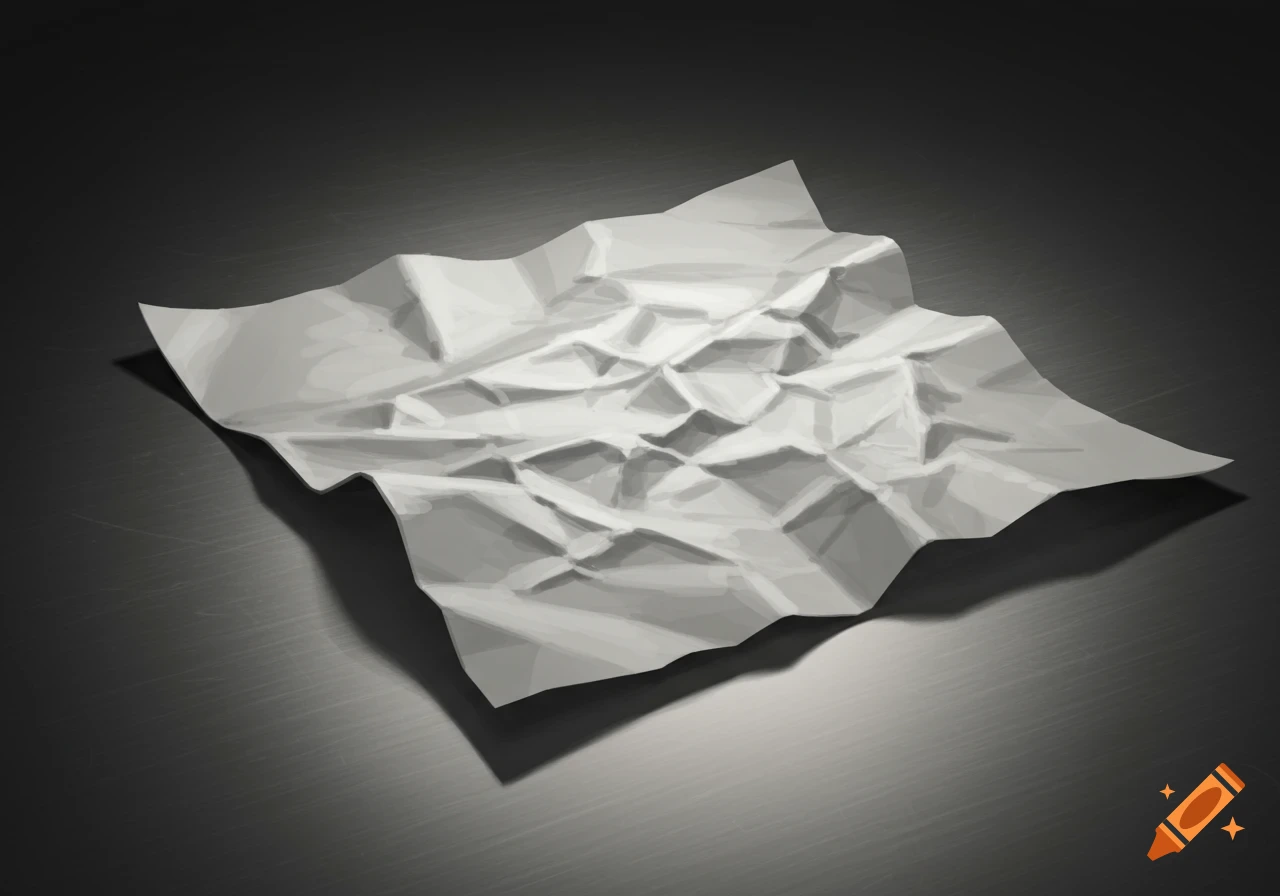 A crumpled piece of white paper rests on a dark, reflective surface, illuminated by a spotlight.