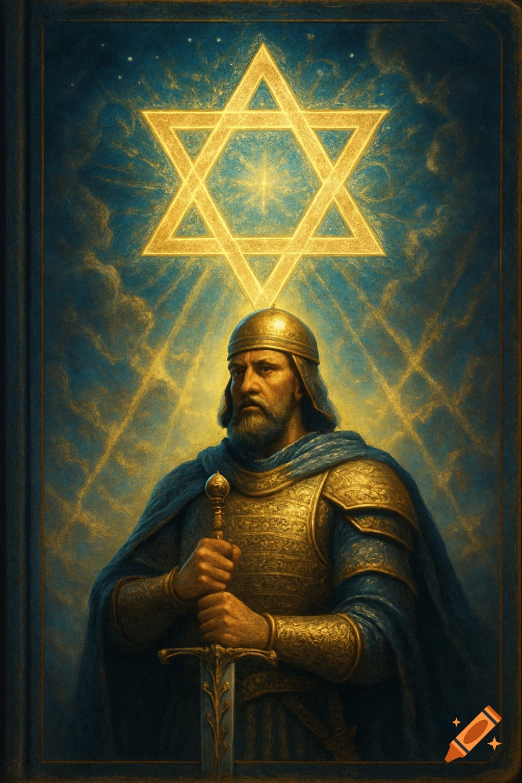 A bearded man in ornate golden armor holds a sword, illuminated by a glowing Star of David above, against a blue, cloudy sky.