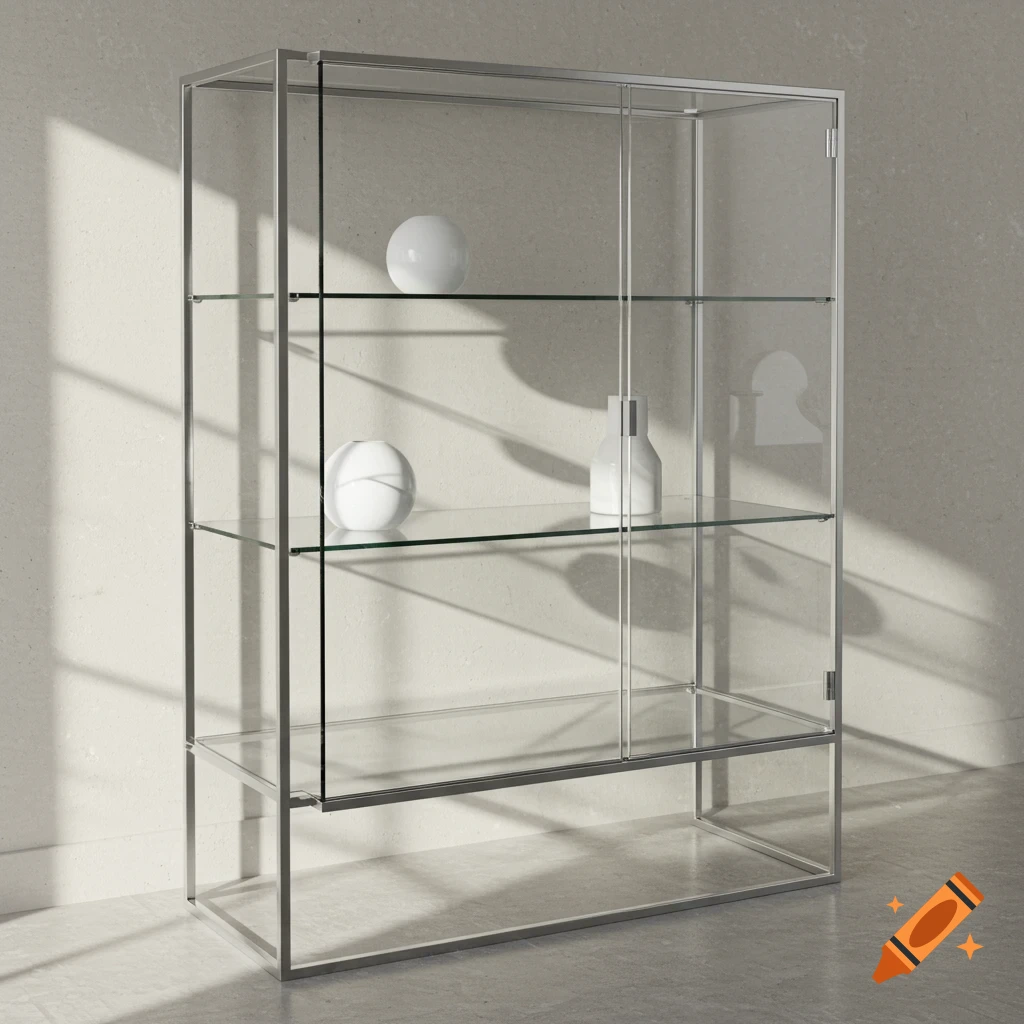 A modern silver-framed glass display cabinet with three glass shelves, holding white decorative objects, in a bright room with wall shadows.