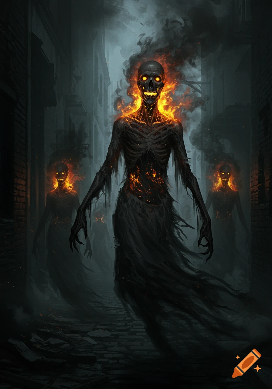 Three skeletal, charred figures with glowing yellow eyes and bodies engulfed in fire and smoke stand in a dark, grimy alley.