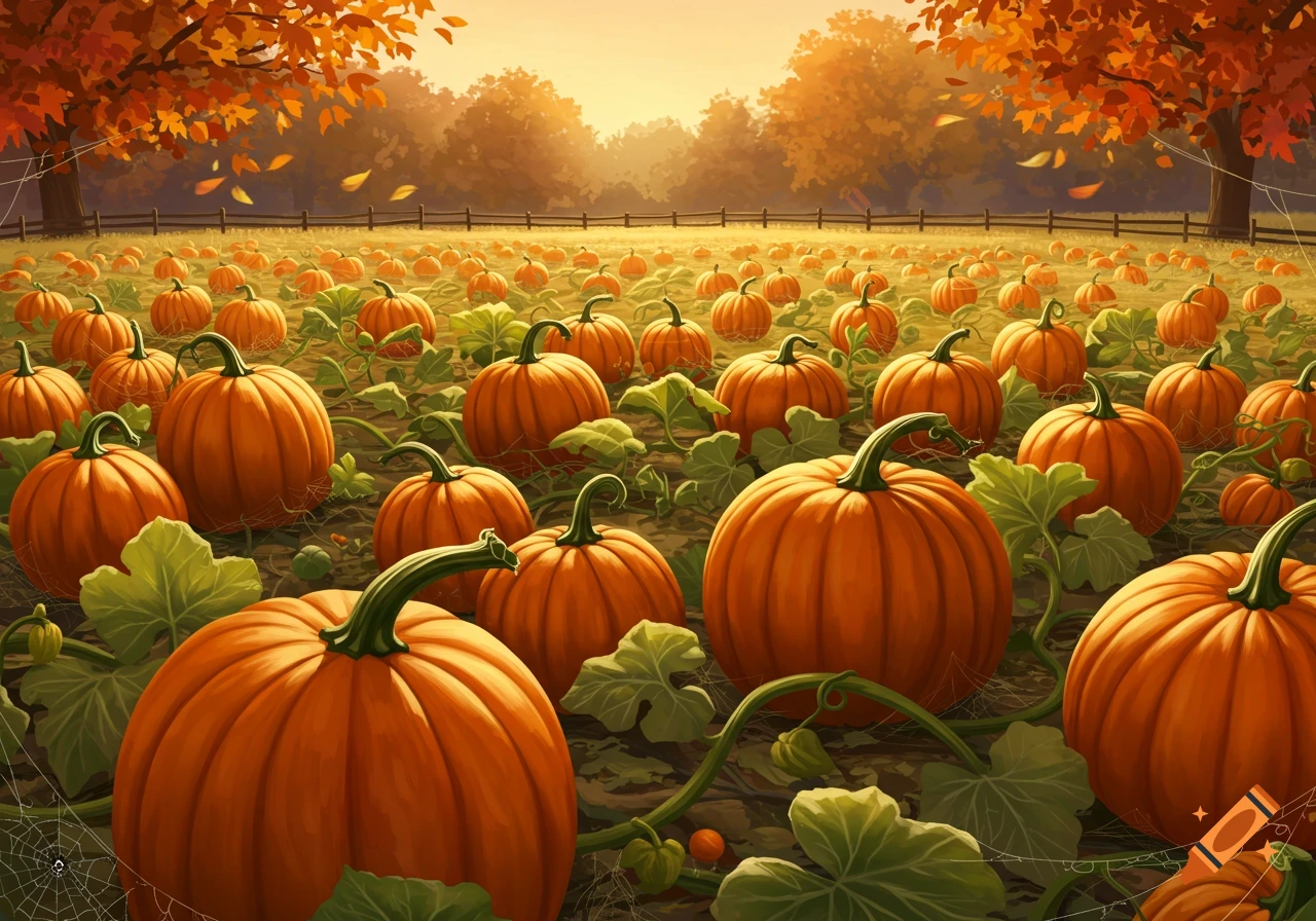A vibrant autumn pumpkin patch with many orange pumpkins and green vines under a warm sunset sky.