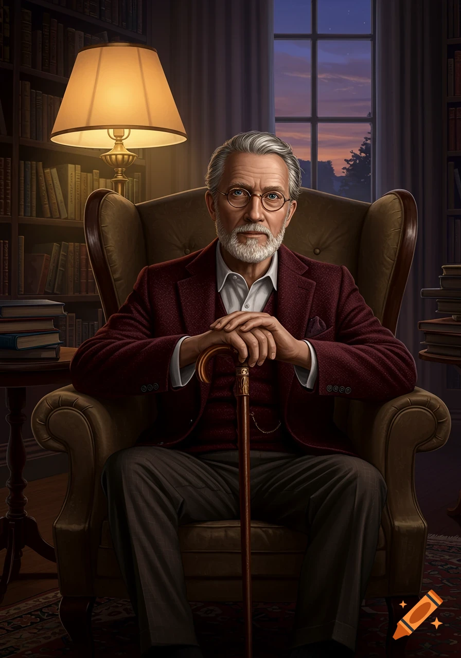 A distinguished elderly man with a beard and glasses sits in an armchair in a library, holding a cane, with a warm lamp beside him.