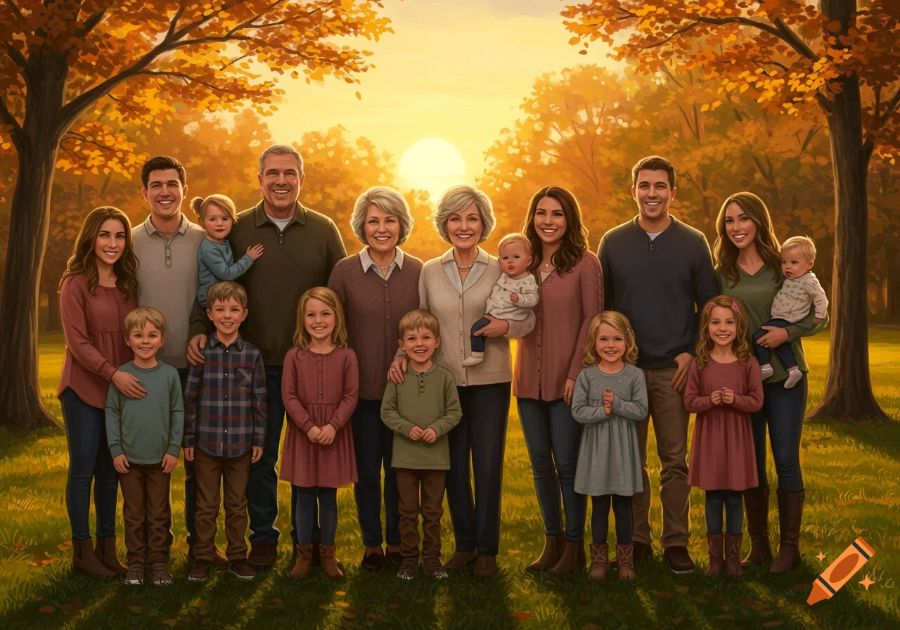 A large family poses for a portrait in an autumn park, with golden trees and a bright sunset in the background.