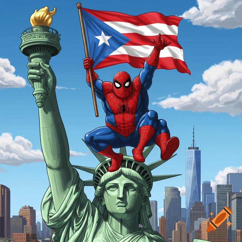 Spider-Man on the Statue of Liberty, holding a Puerto Rican flag with the New York City skyline in the background, comic art style.