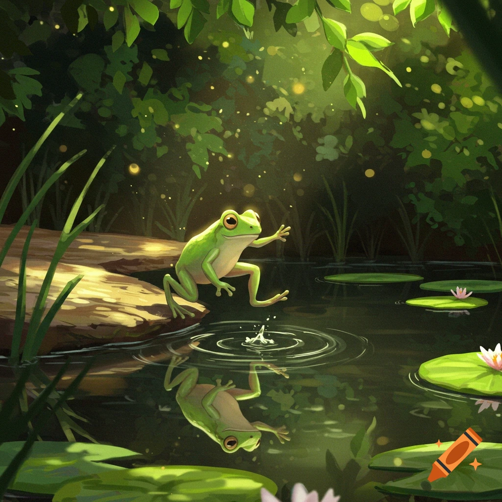 A cute green frog is about to jump into a pond with lily pads. The scene is lush with green foliage and dappled sunlight, in a painterly style.