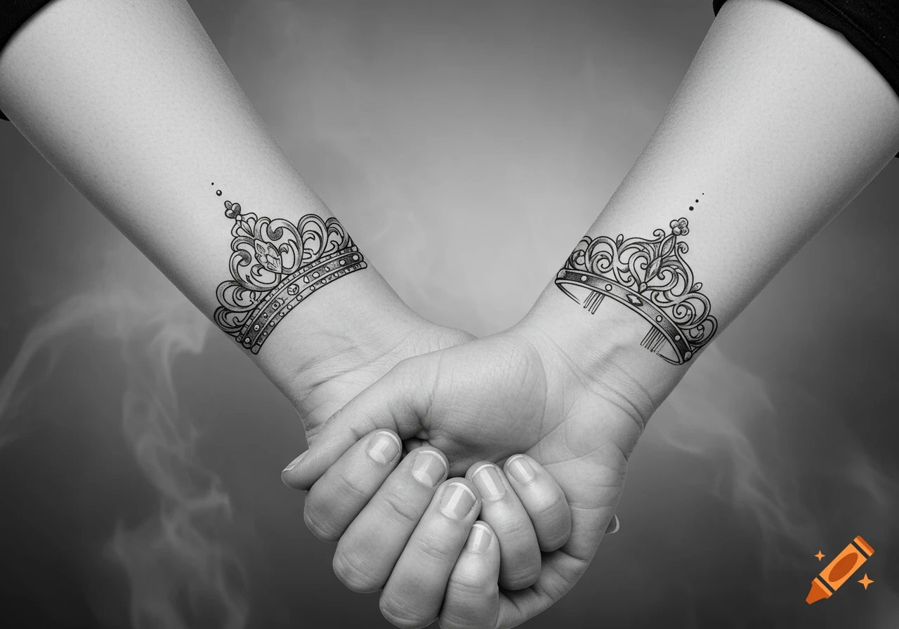 Black and white close-up of two hands holding, each wrist adorned with an ornate crown tattoo.