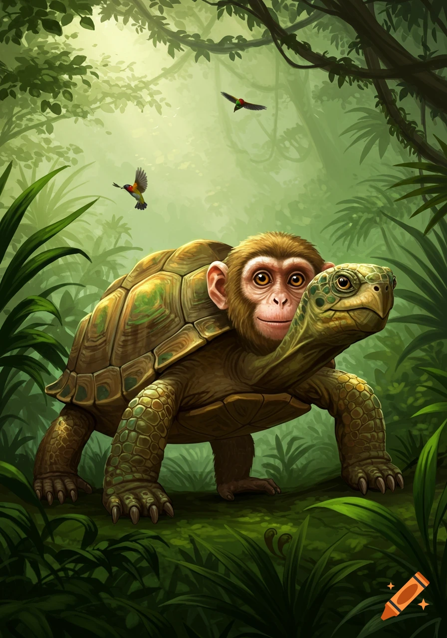 A fantastical monkey-headed turtle walks through a lush green jungle. Two small birds fly above in the sun-dappled canopy.