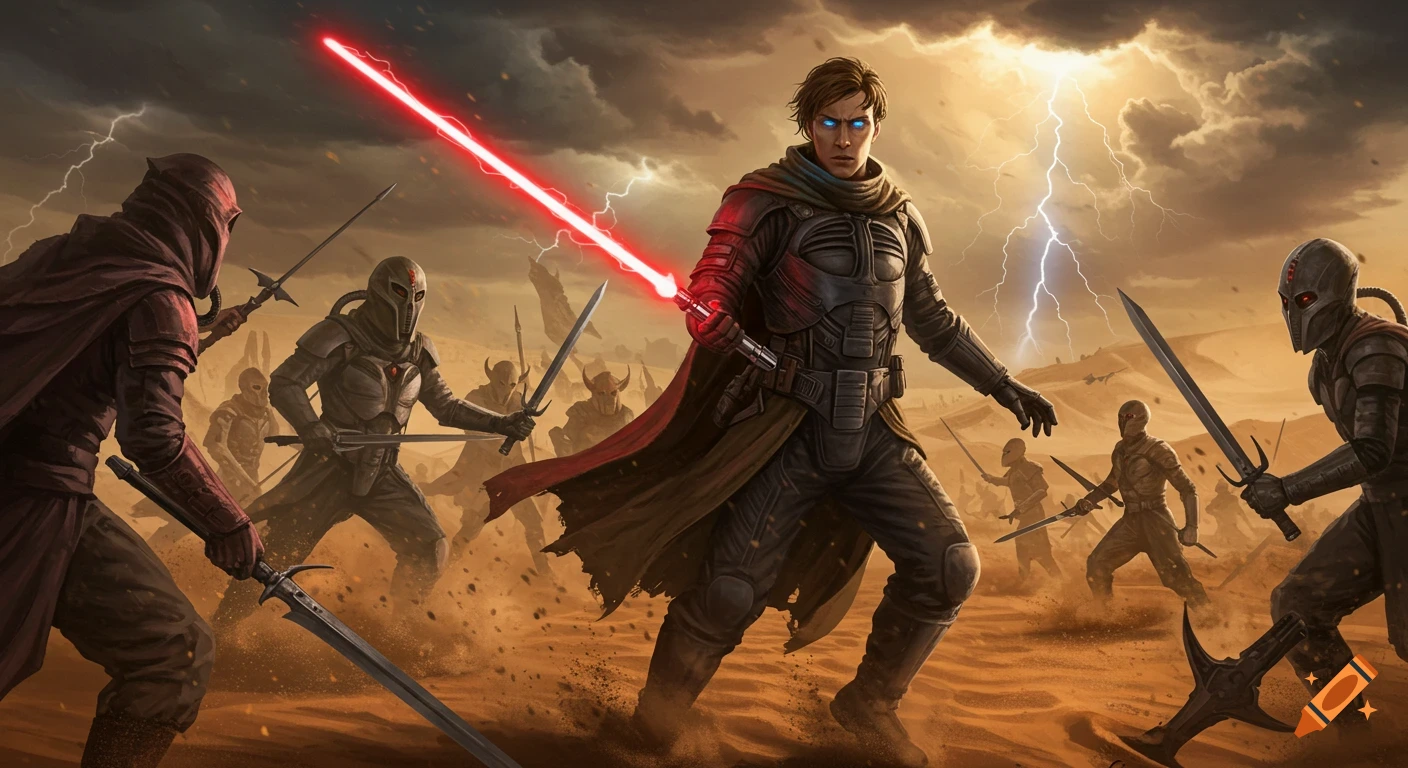 Paul Atreides with a glowing red lightsaber leads a battle against masked warriors in a desert thunderstorm, digital art.