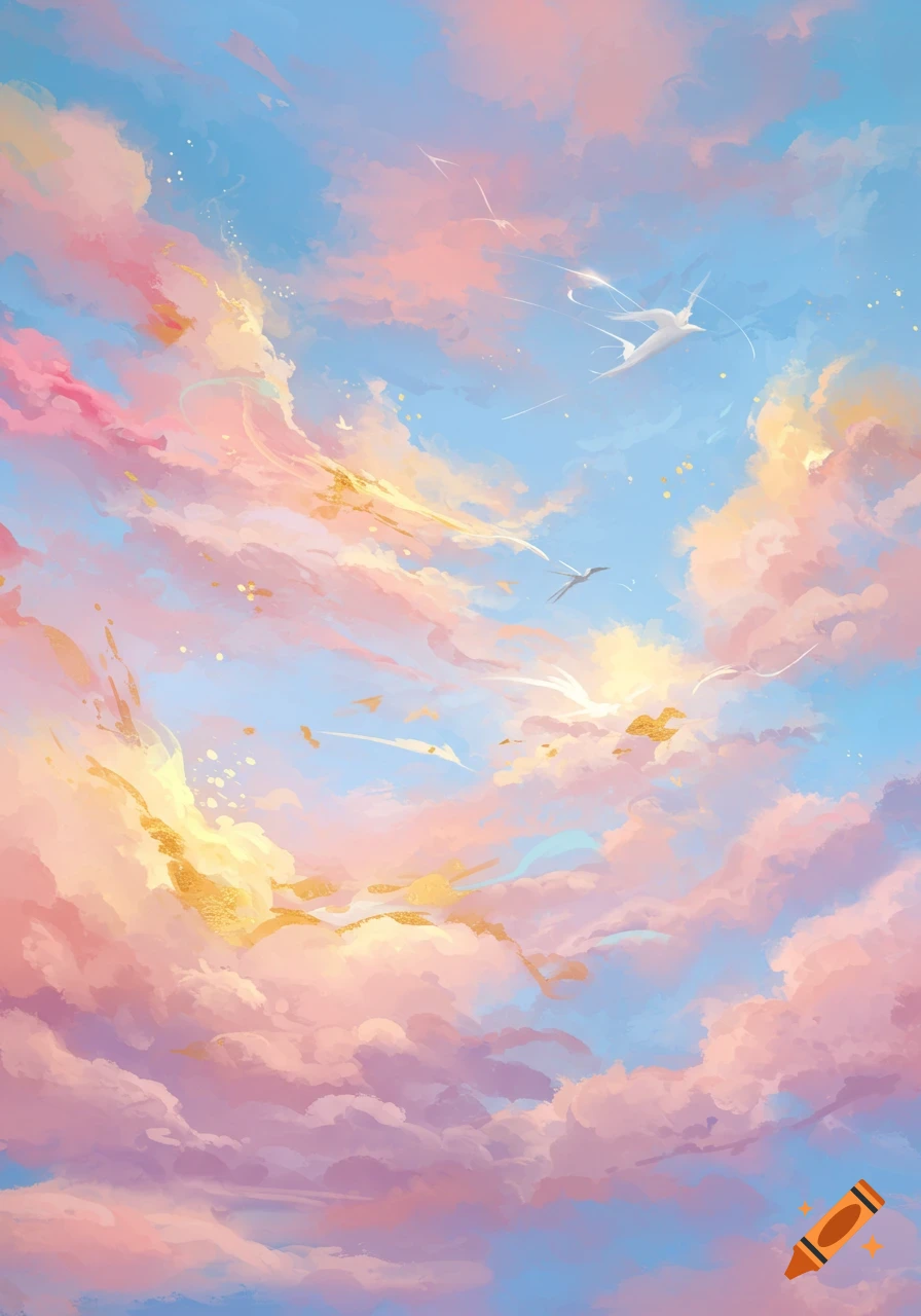 Dreamy sky with pastel pink and blue clouds, gold accents, and stylized white birds flying. Abstract digital painting.