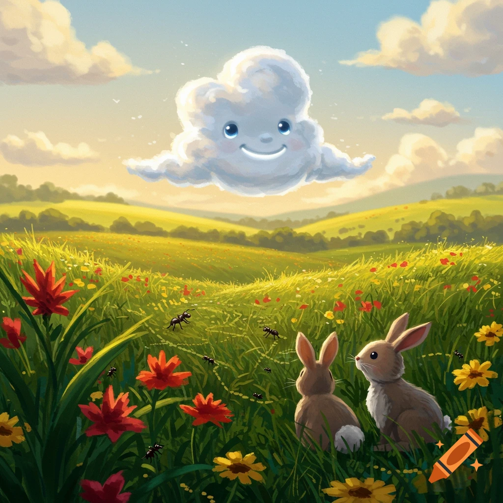 A happy cartoon cloud floats above a vibrant meadow with rabbits, ants, and colorful flowers under a bright sky, in an illustrative style.