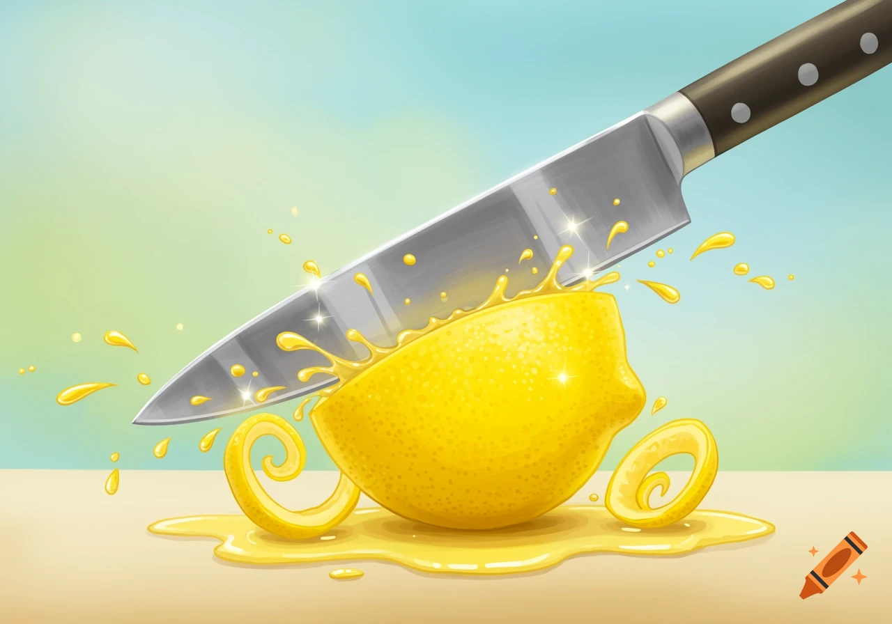 A cartoon illustration of a knife slicing a bright yellow lemon, with juice splashing and peels curling. The background is a soft green and blue gradient.