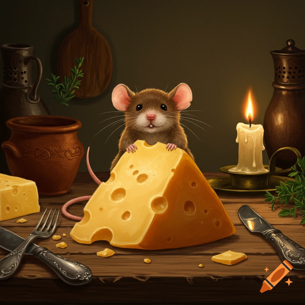 A cute brown mouse with large pink ears stands behind a large wedge of Swiss cheese on a wooden table, next to a lit candle, cutlery, and pottery.