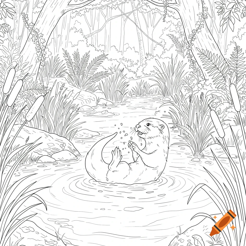 A playful baby otter floating on its back in a forest river, line art with no shading.