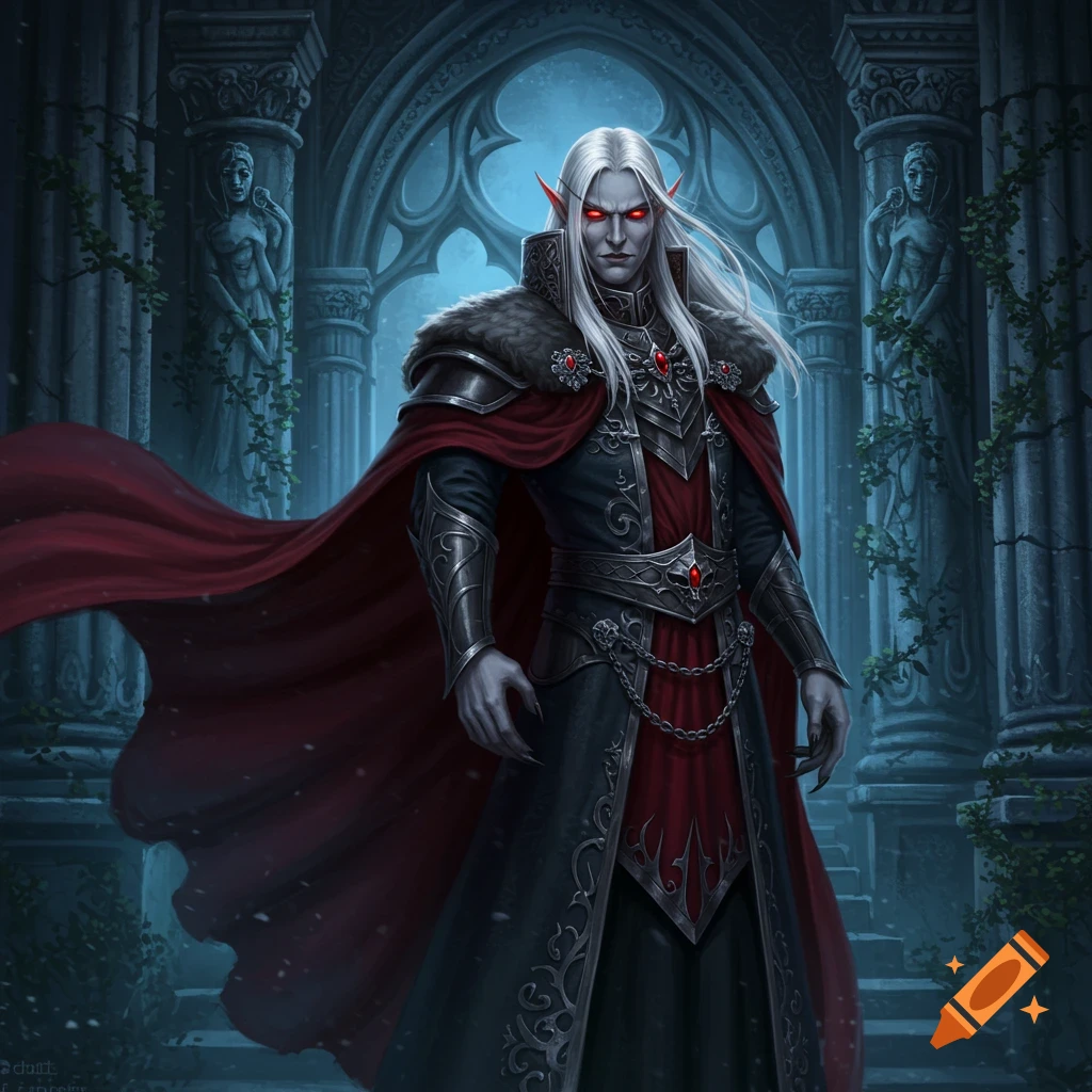 A fantasy high elf vampire prince with grey skin, red eyes, and white hair, in gothic royal attire, red cape, ornate hall.
