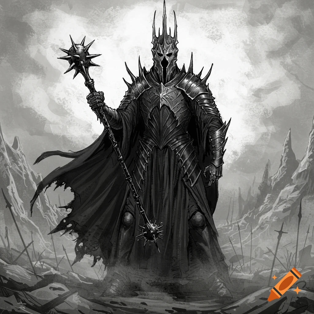 Black and white sketch of a towering armored figure, reminiscent of the Witch King, holding a spiked mace in a desolate, war-torn landscape.