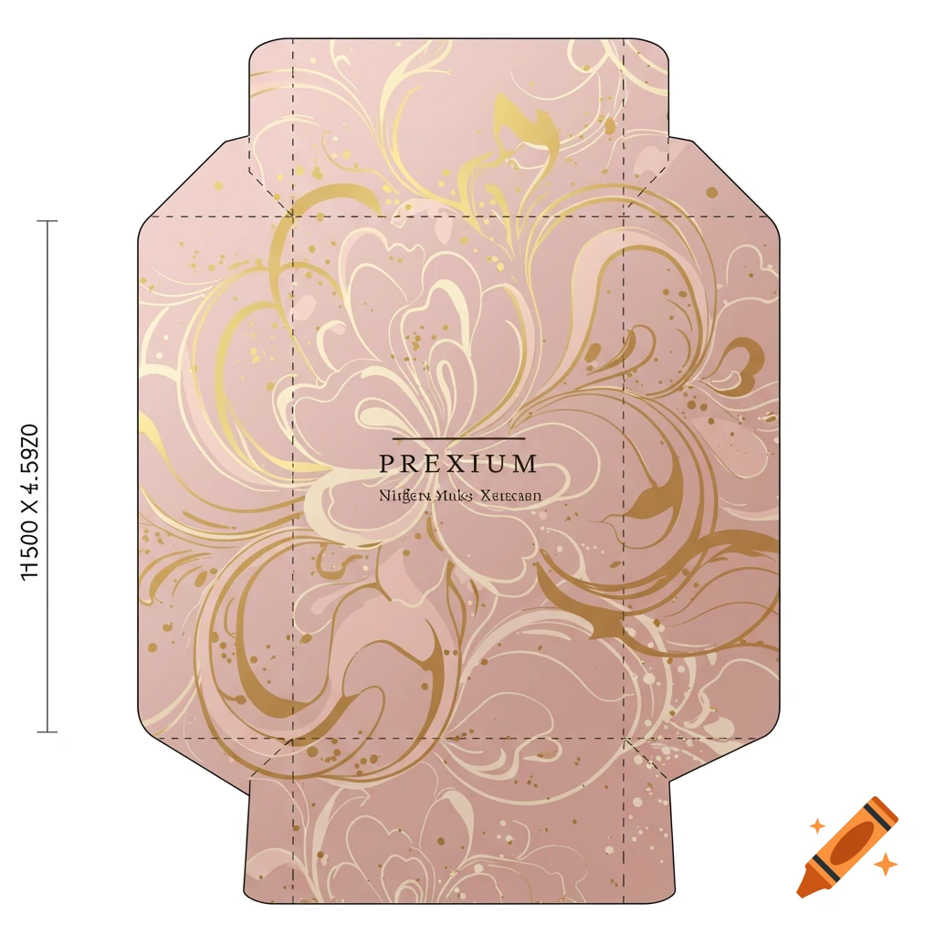 A vector design for a rigid box, featuring a pink background with elegant gold floral patterns and dotted fold lines. It includes the text "PREXIUM".