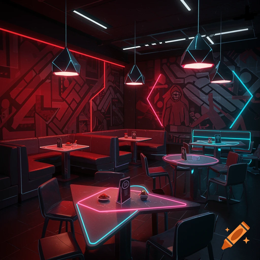 A dark, futuristic cafe interior illuminated by vibrant red and blue neon lights, featuring geometric tables and abstract wall art.