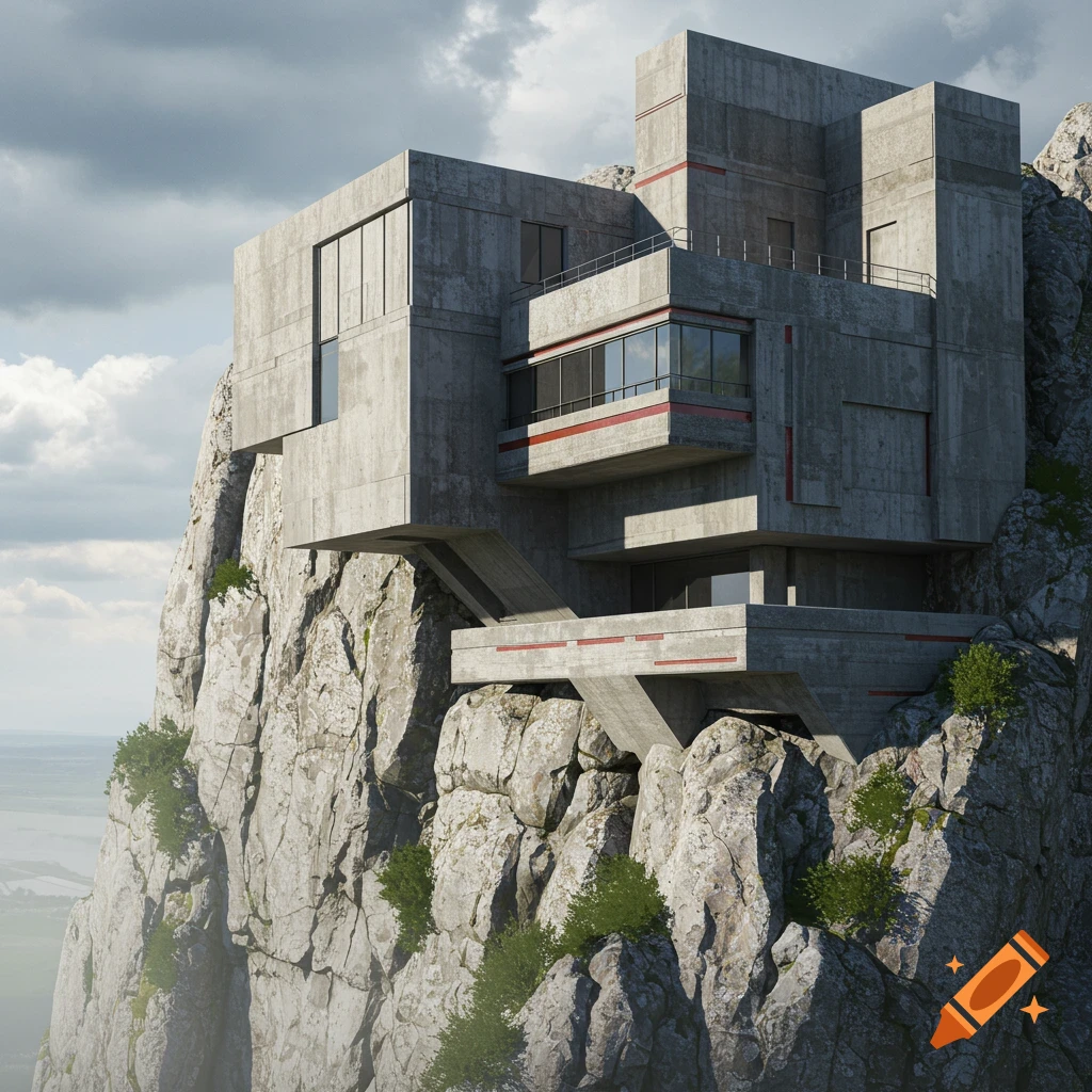 A brutalist concrete building is integrated into a rugged cliff face under a cloudy sky, overlooking a hazy landscape.