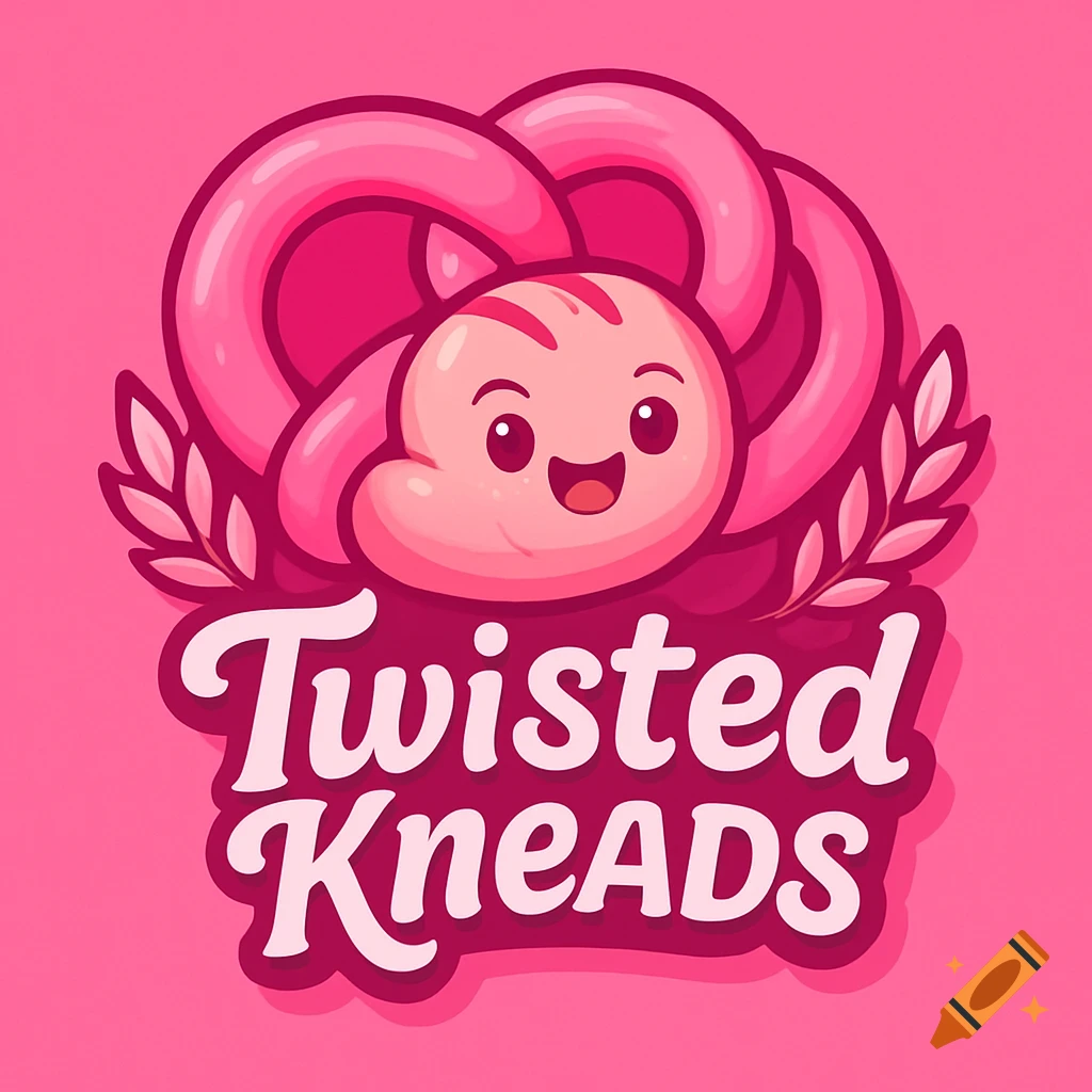 Cute pink cartoon logo for 'Twisted KneADS' featuring a smiling pretzel-like character and wheat stalks.