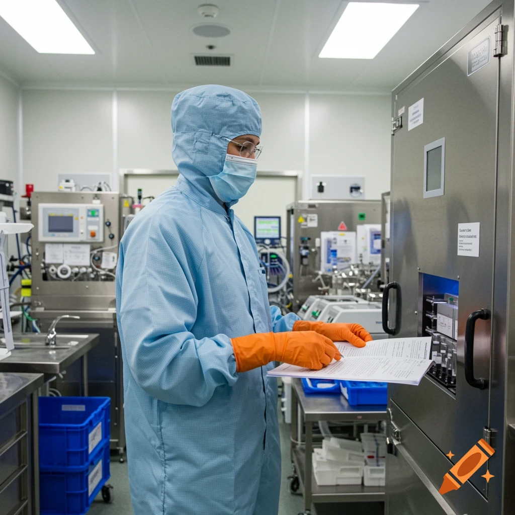 A person in a light blue cleanroom suit, mask, hood, and orange gloves holds a document while standing next to stainless steel equipment in a sterile lab.