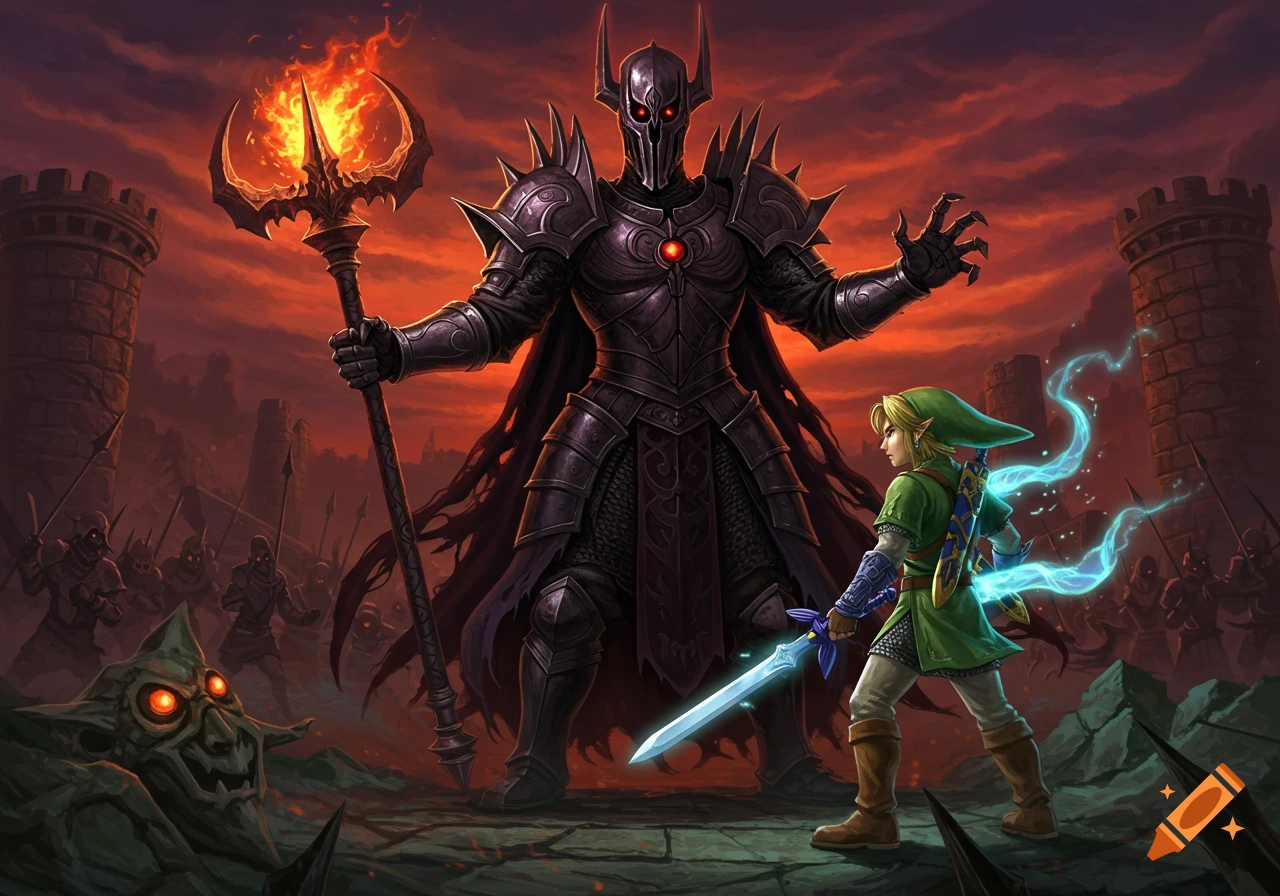 A towering dark lord in black armor with a flaming trident confronts Link from Zelda in a ruined castle courtyard.