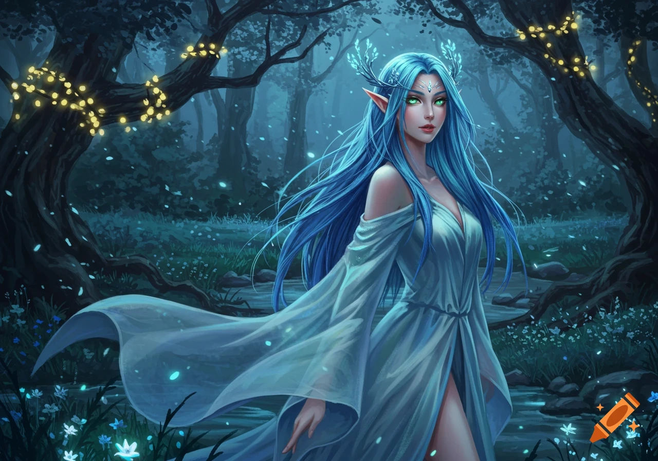 An ethereal elf with long blue hair and glowing green eyes stands in a dark, mystical forest illuminated by fairy lights.