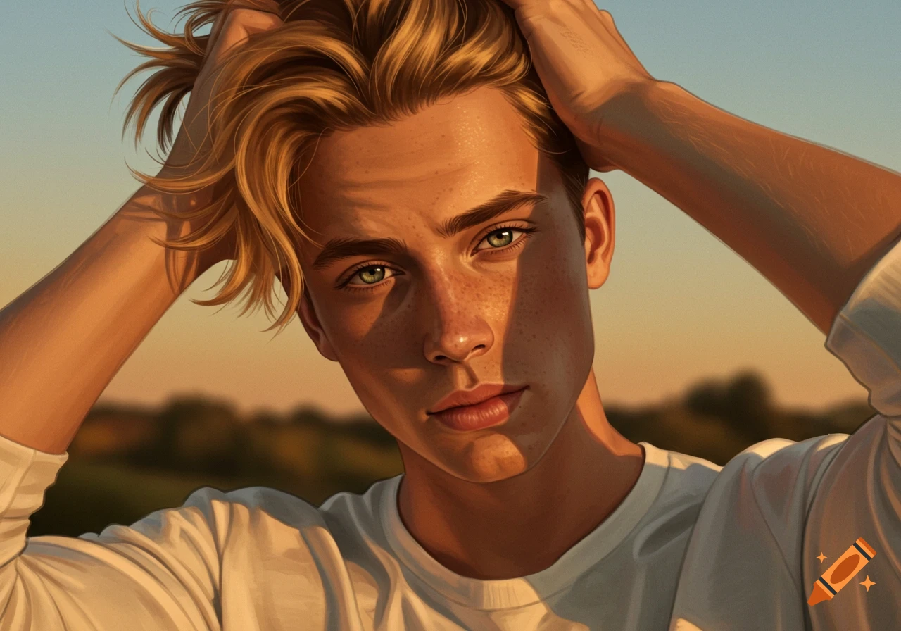 A photorealistic portrait of a young man with blonde hair and freckles, hands in his hair, bathed in golden hour sunlight.