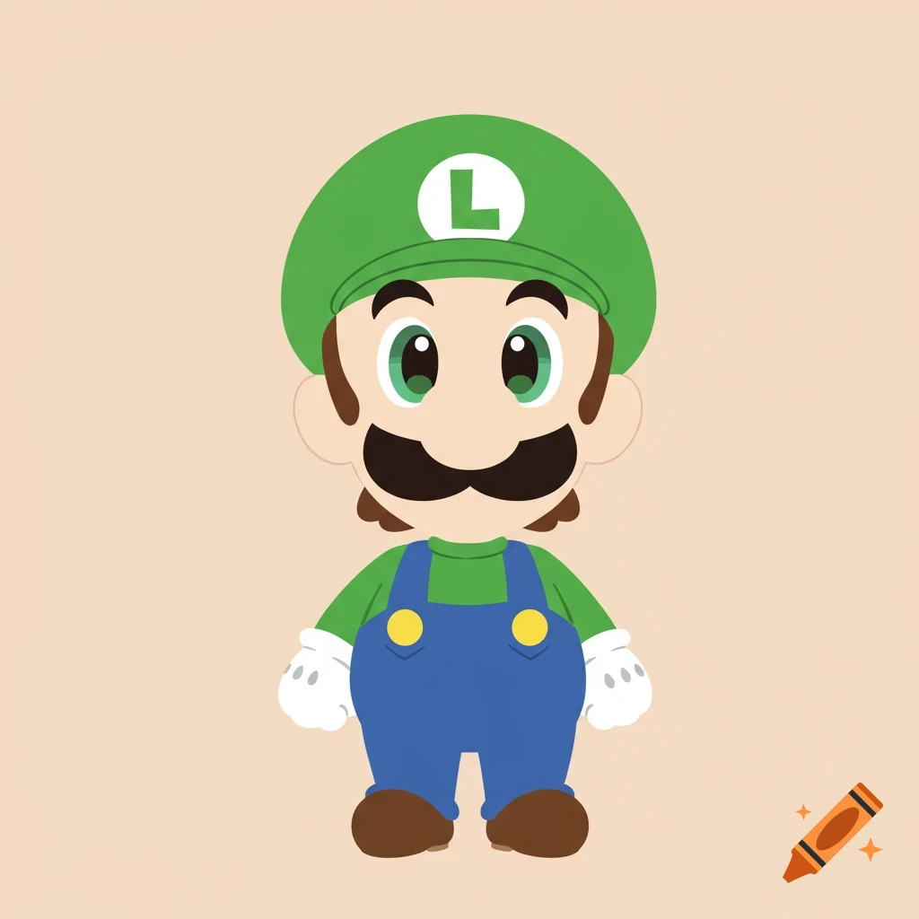 A cute, minimalist chibi illustration of Luigi from Super Mario, wearing green overalls and a green hat with an 'L' on it, on a plain background.