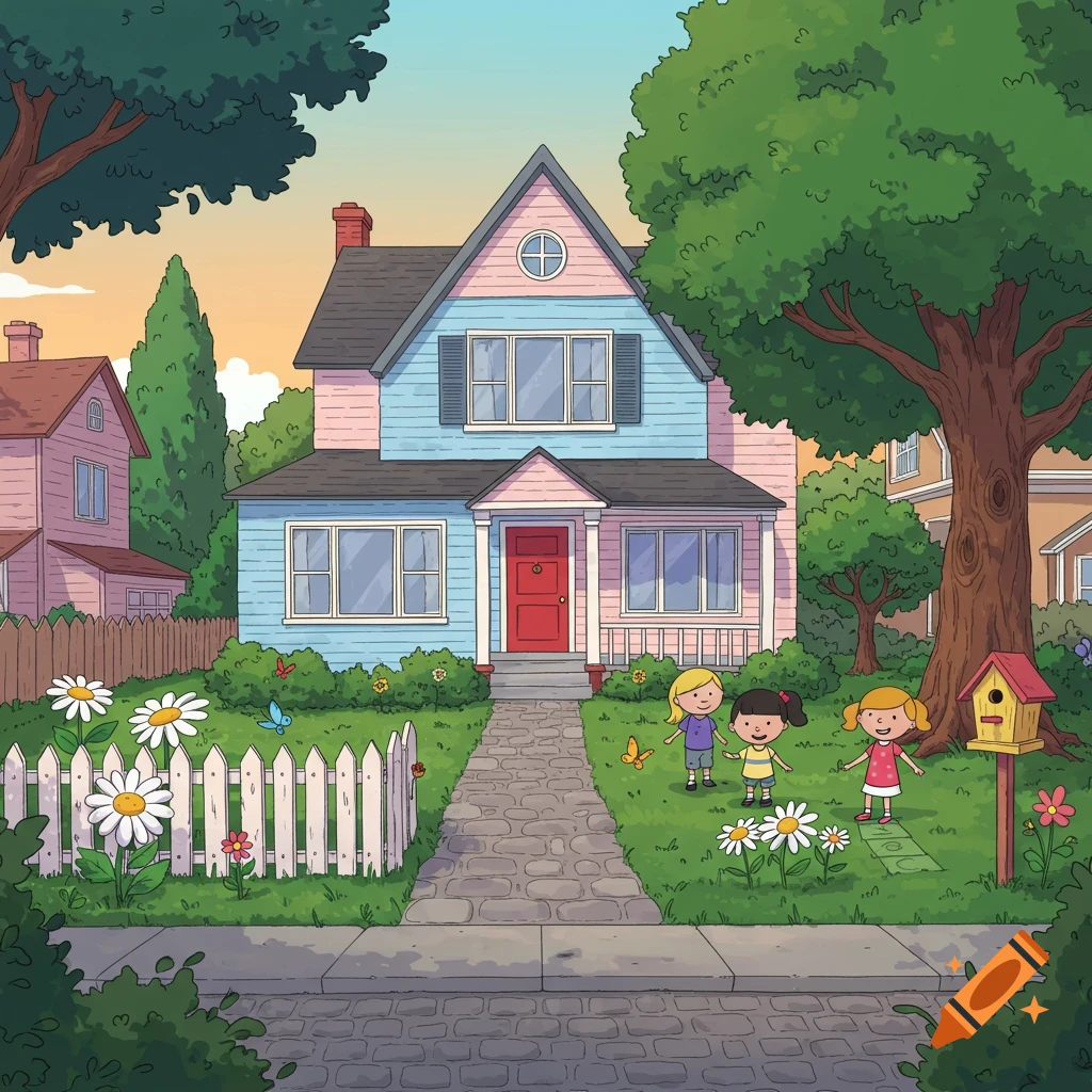 A colorful cartoon house with a red door, a white picket fence, and a garden where three children play.