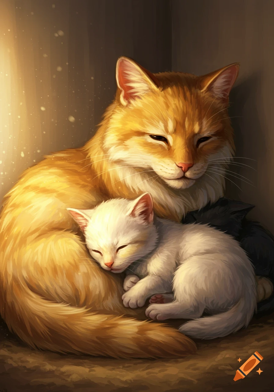An illustrative image of a golden cat cuddling a sleeping white kitten, with a black kitten partially visible behind them, bathed in warm light.
